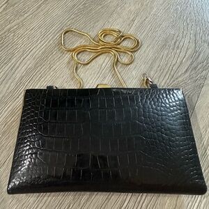 Vintage Black Crocodile Embossed Leather Evening Clutch Bag Purse